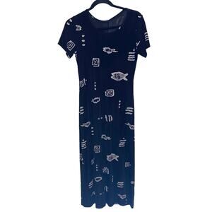 Vintage 90s Black Abstract Fish Print Maxi Dress Bodycon Grunge Y2K Medium